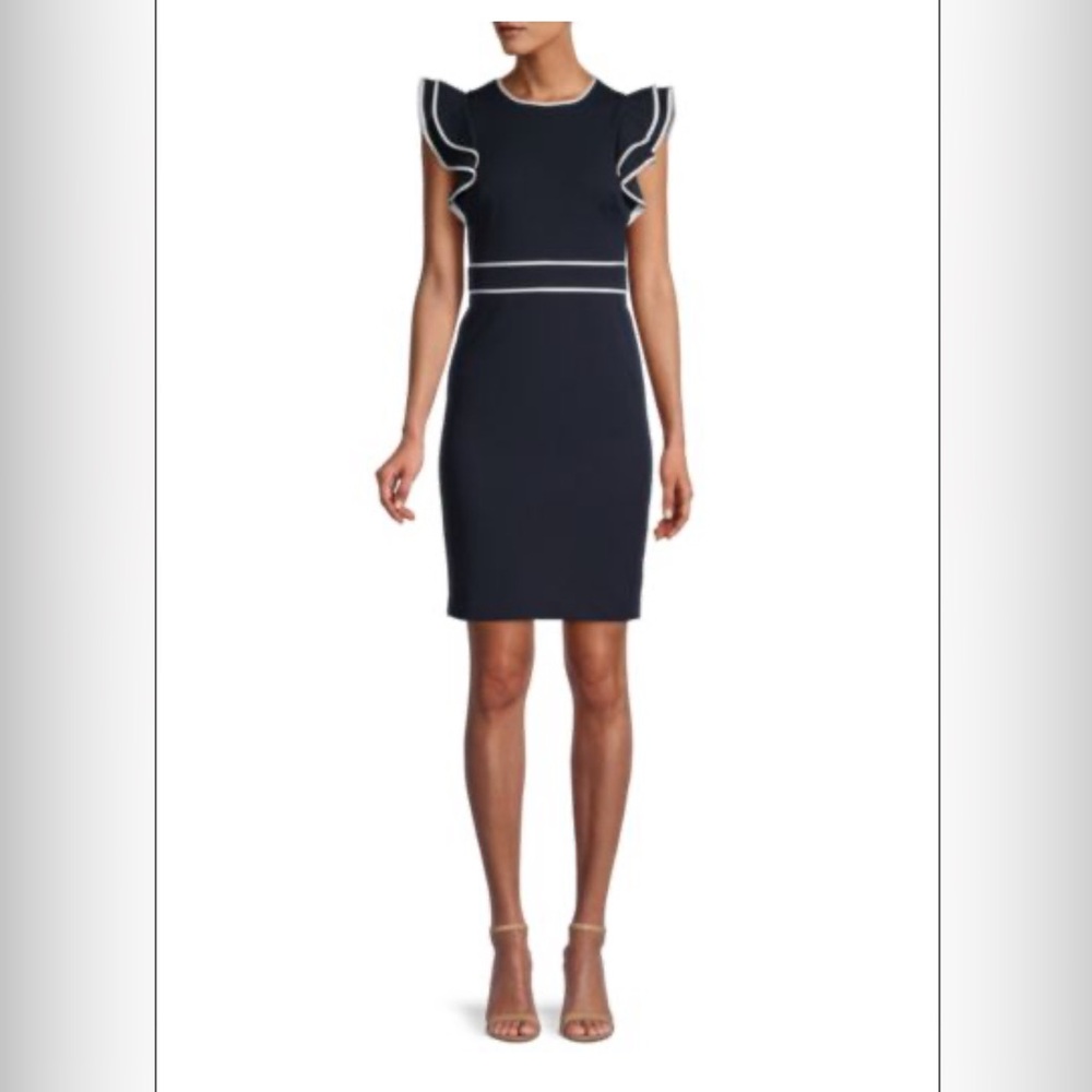 Blue and Cream Flutter Sleeve Sheath Mini Dress